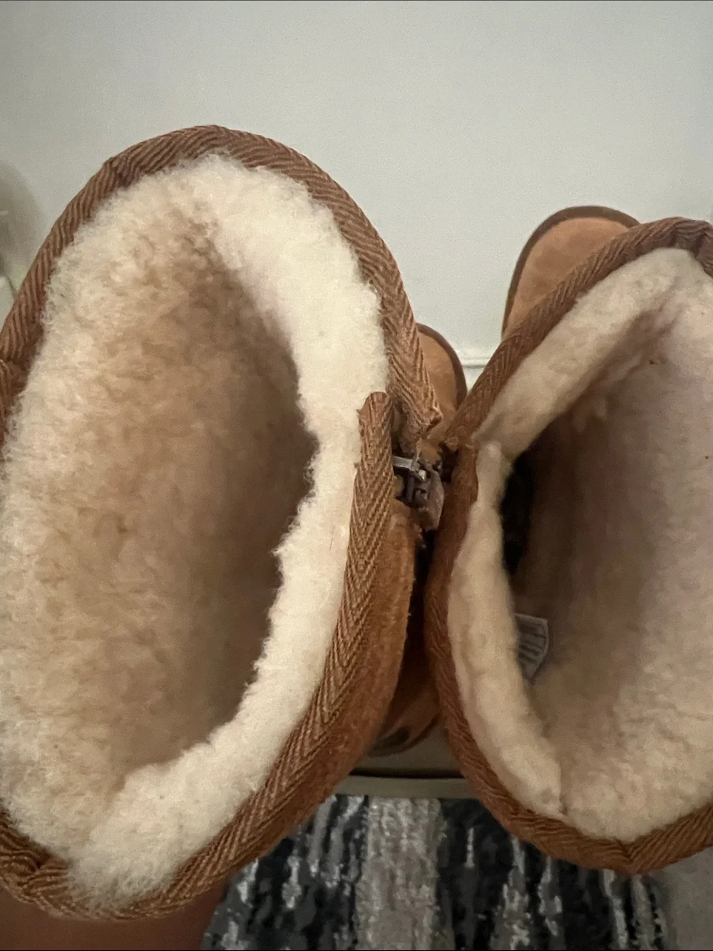 UGG Tall Chestnut Brown Suede Shearling Boots with Side Pocket Strap